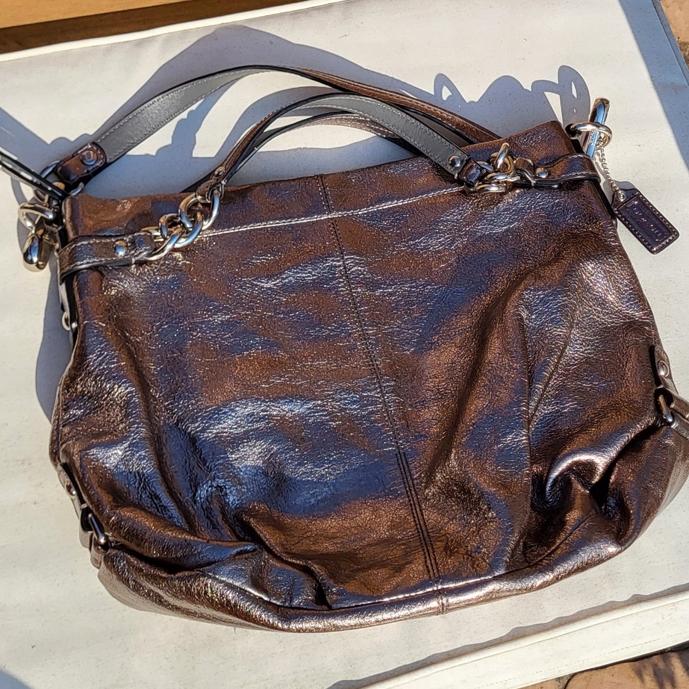 COACH Brooke Leather Metallic Pewter Silver Hobo Shoulder Handbag C1176-F17165